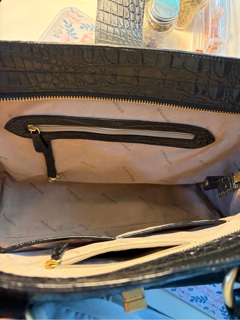 Brahmin Black Croc-Embossed Satchel with Gold Hardware - Picture 5 of 7